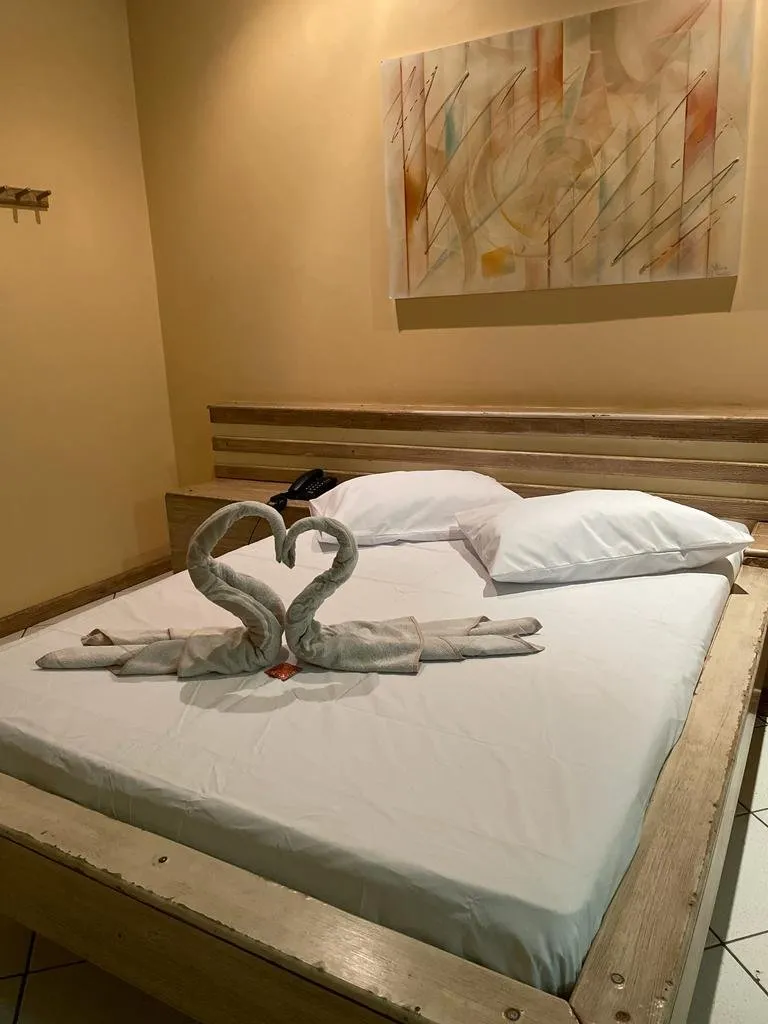 Cama de apartamento com toalhas em forma de cisne